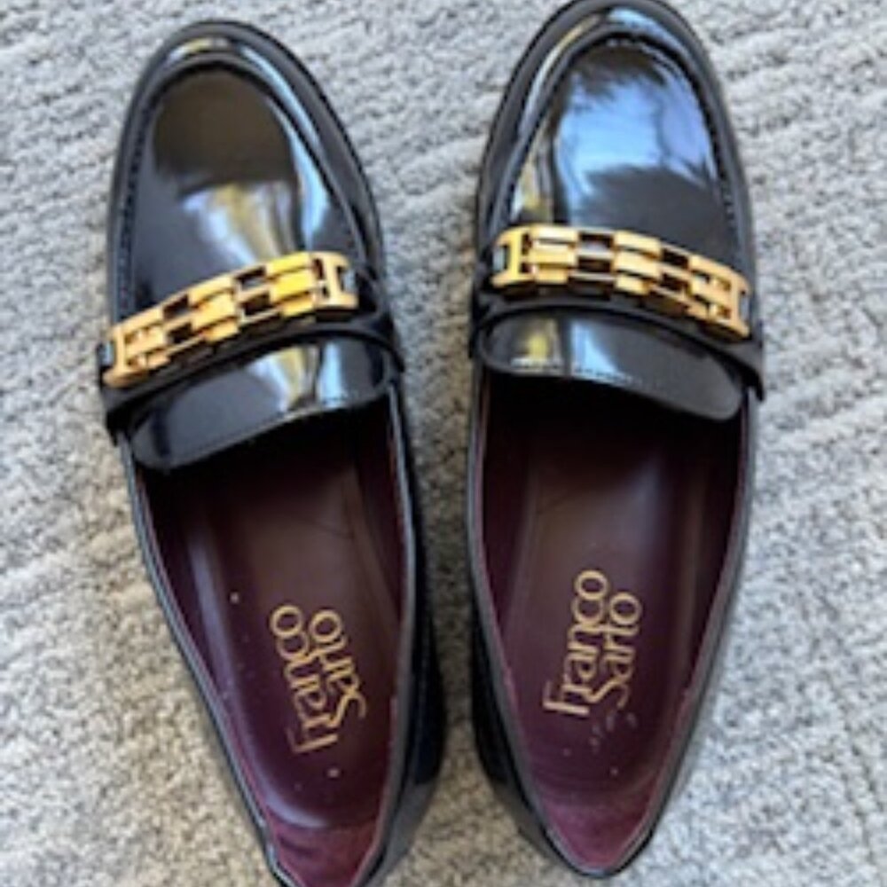 Franco Sarto Black Patent Loafers with Gold Accent 6.5